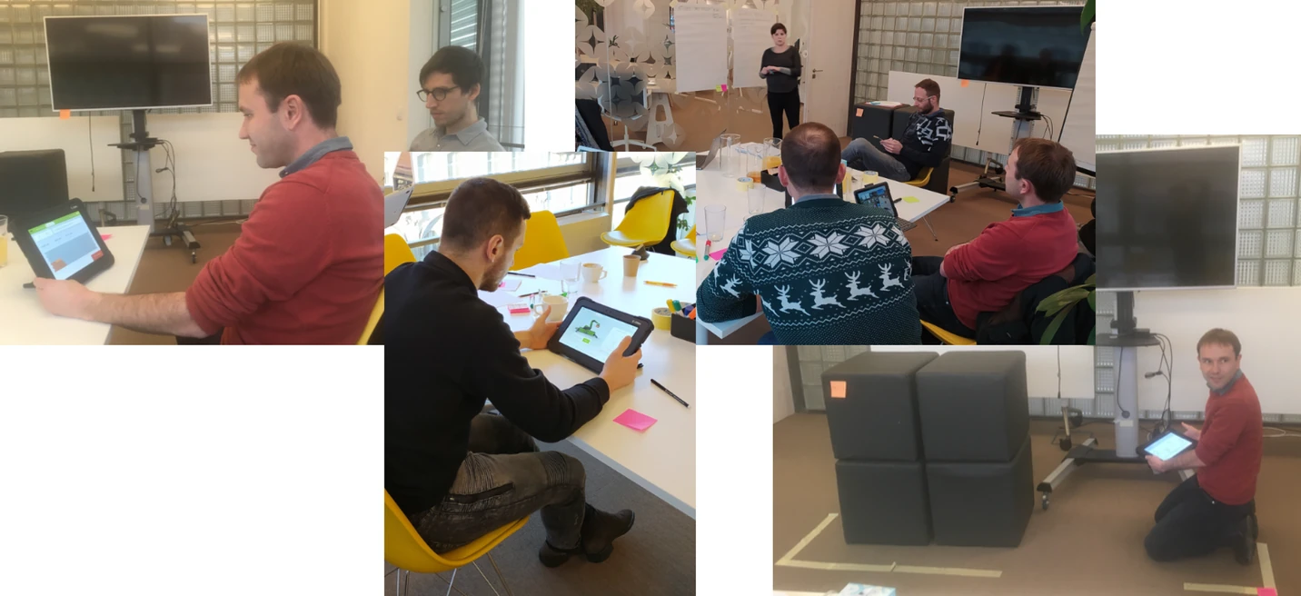 Photos from the first user testing sessions in a simulated construction environment.