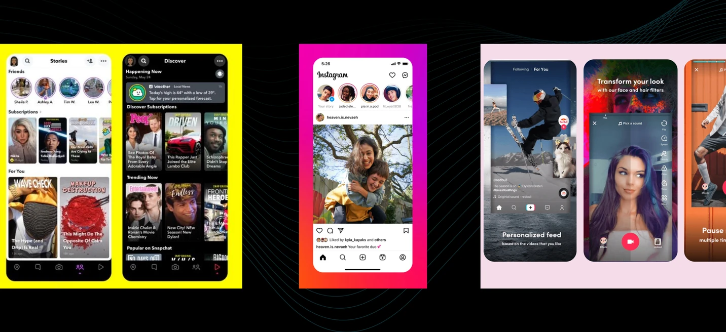 Screenshots from existing audio and video mobile apps reviewed during research.